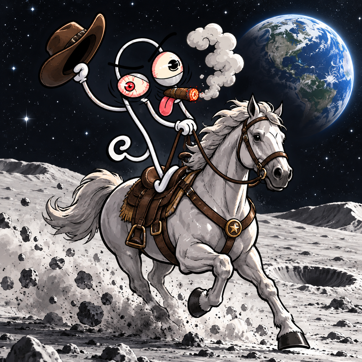 Stiffy riding a horse on the moon