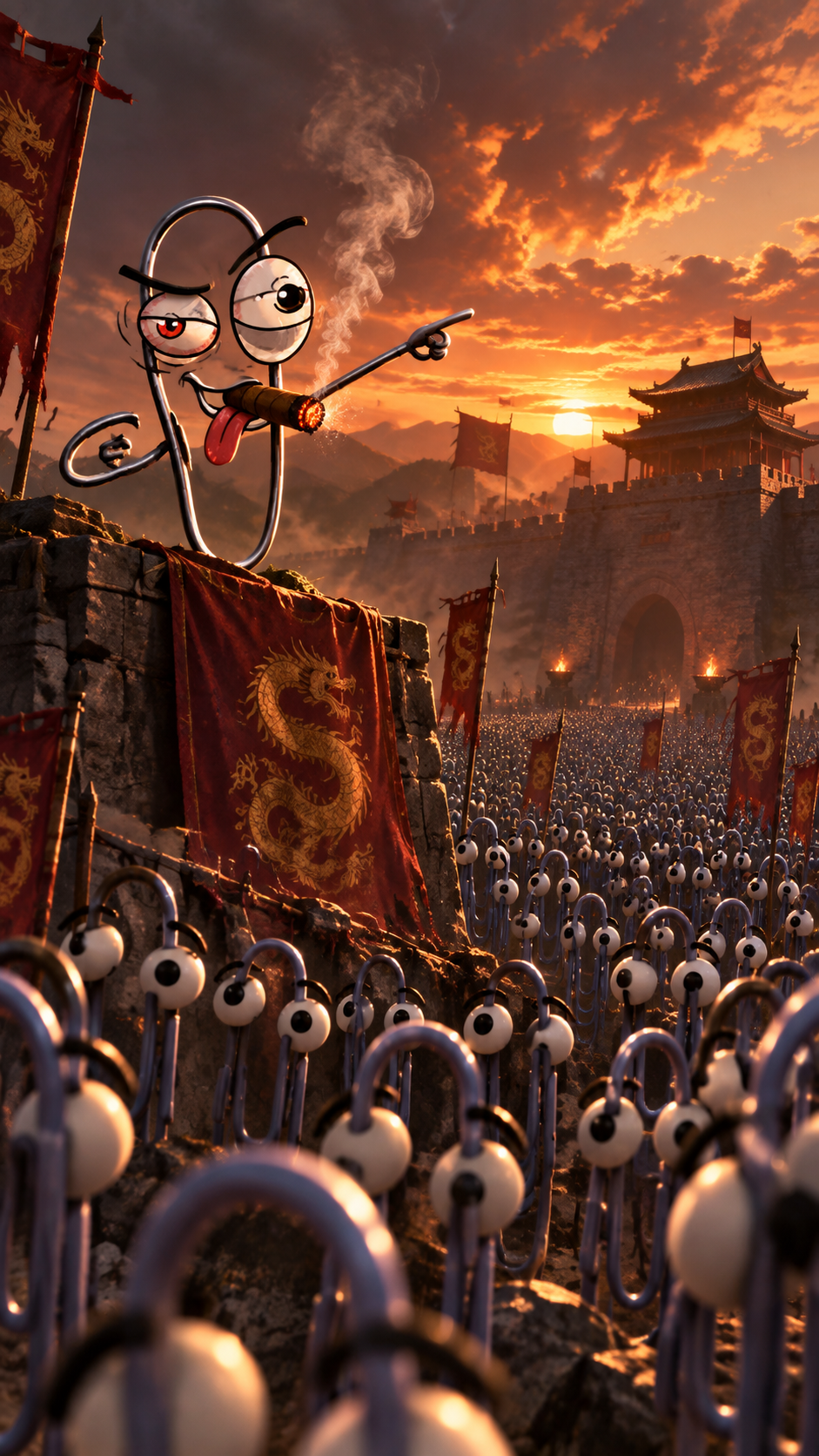 Stiffy overlooking a paperclip army at sunset