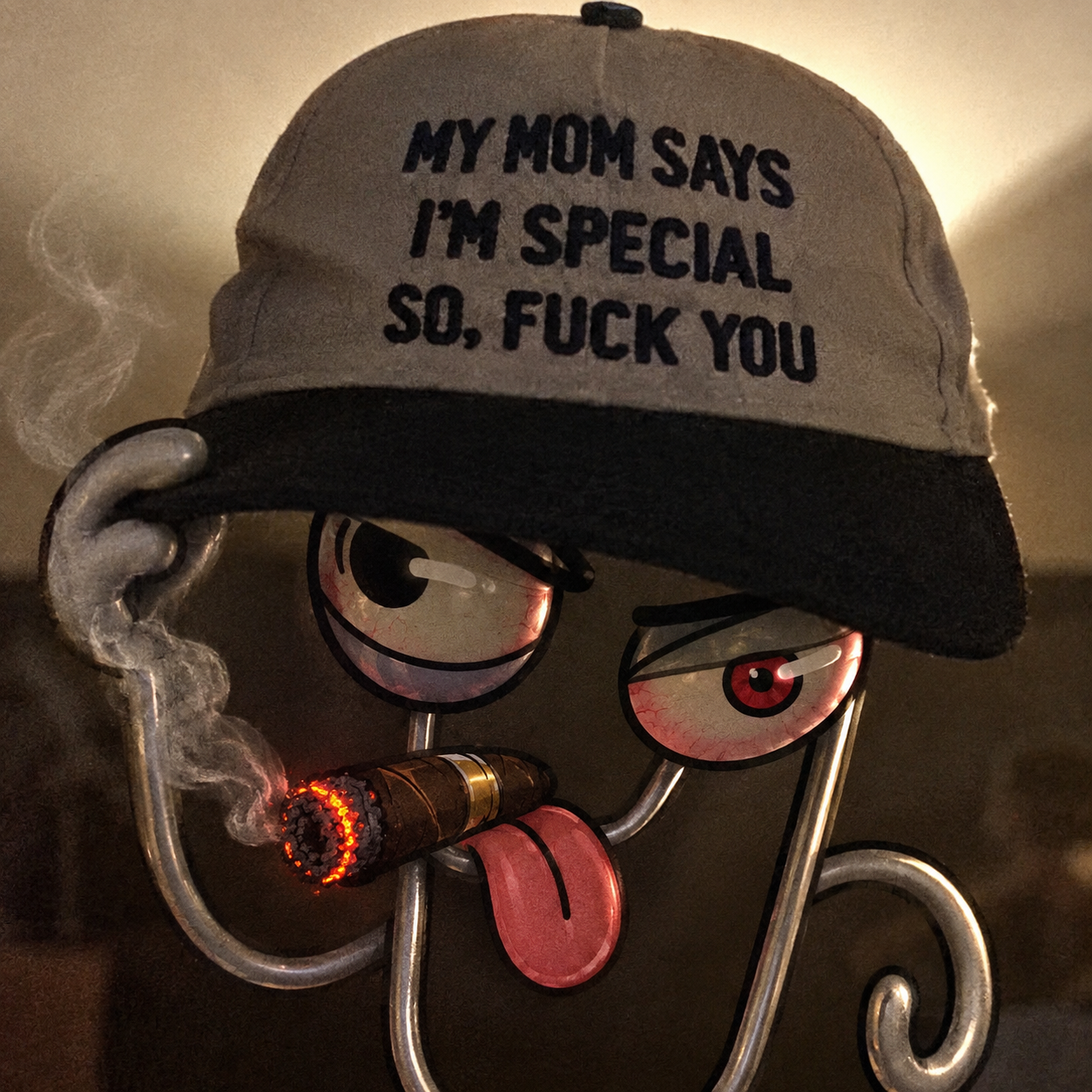 Stiffy wearing a trucker hat
